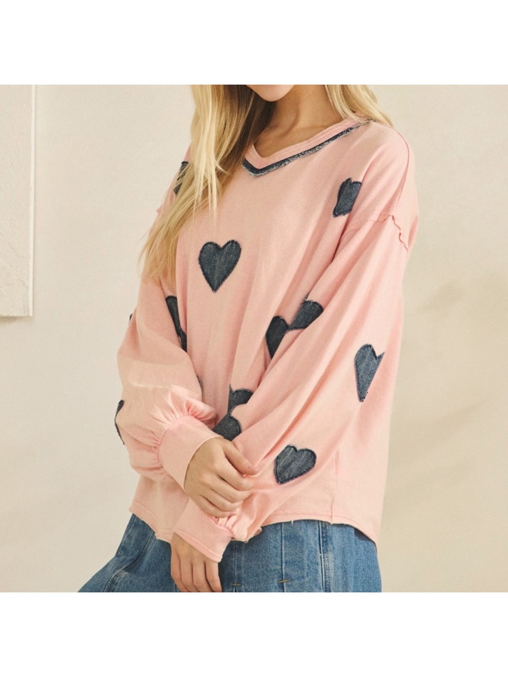NWT Sage + Fig Pink V-Neck Top Frayed Navy Jean Heart Appliqués Sz S